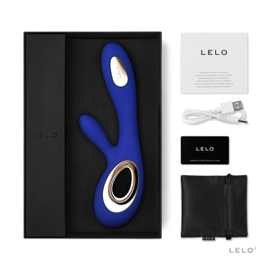 Lelo Soraya Wave: vibratore rabbit color blu con scatola, cavetto USB e astuccio.