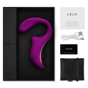 Sex toy Lelo Enigma nella sua confezione con cavo USB  e astuccio. 